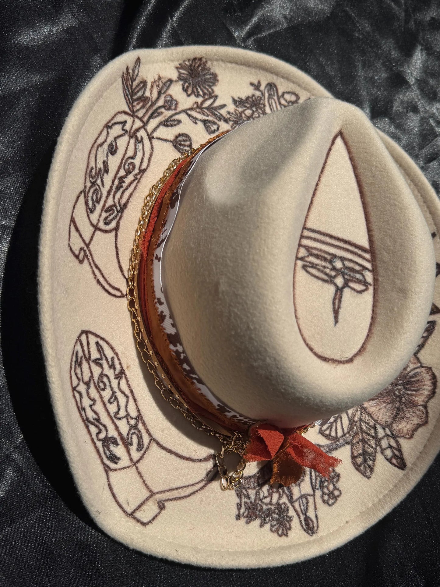 Cowboy boot floral burned cowboy hat
