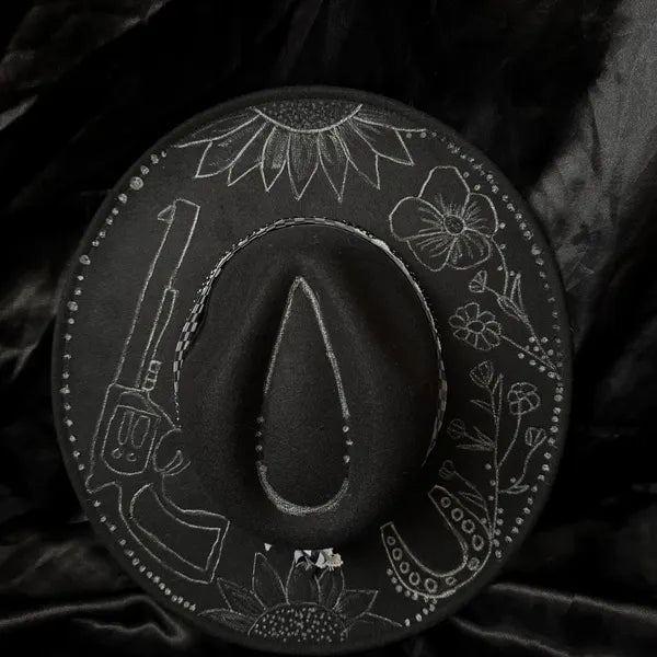 Sunflower Revolver Design Black Widebrim Hat