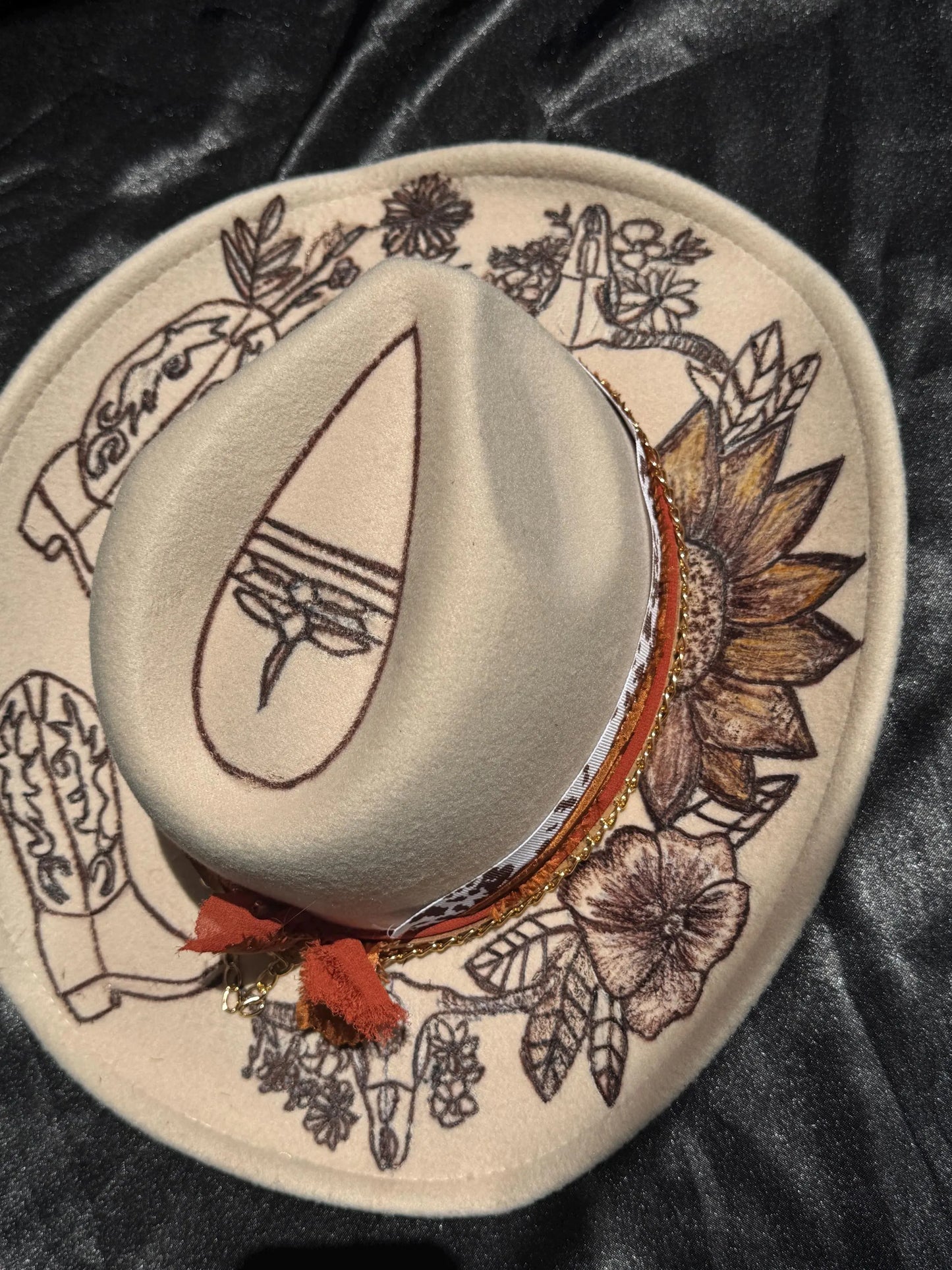 Cowboy boot floral burned cowboy hat
