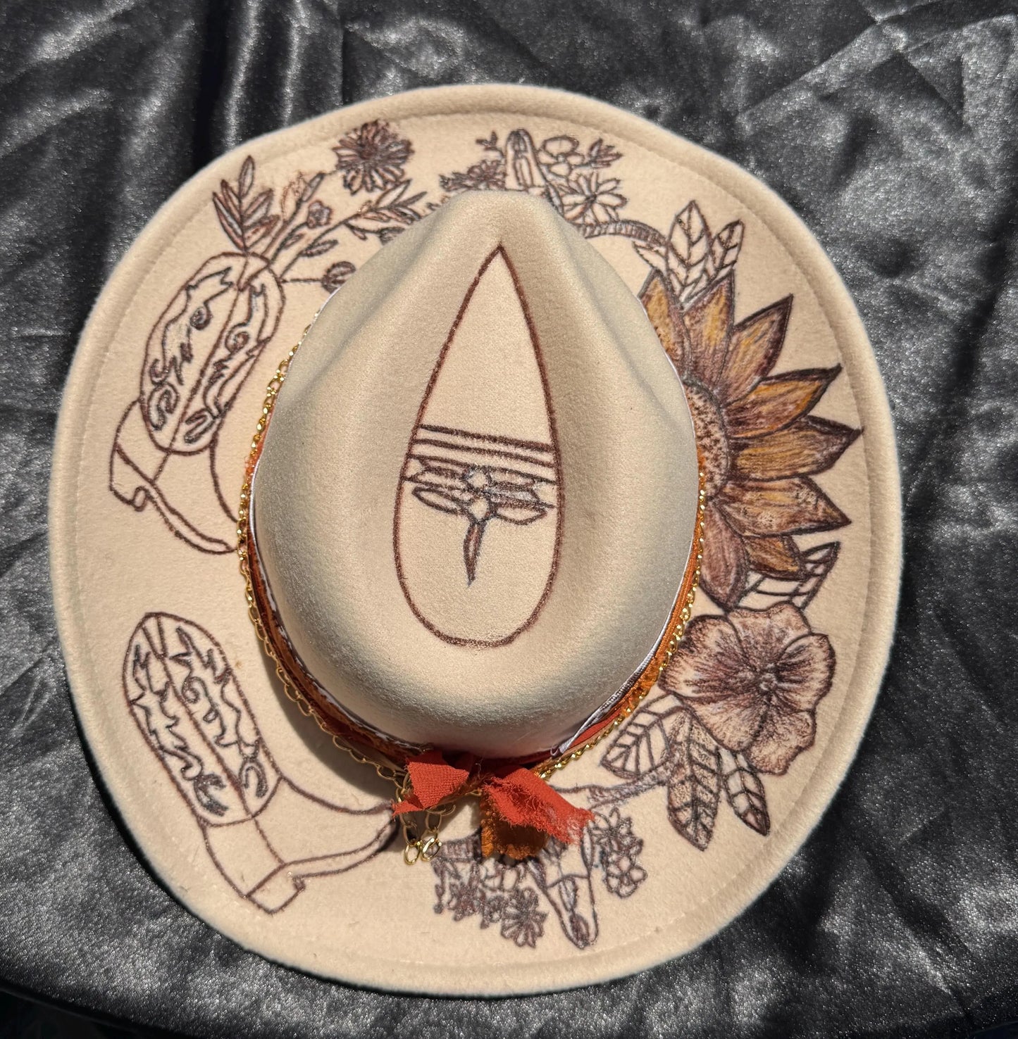 Cowboy boot floral burned cowboy hat