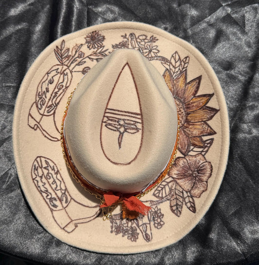 Cowboy boot floral burned cowboy hat